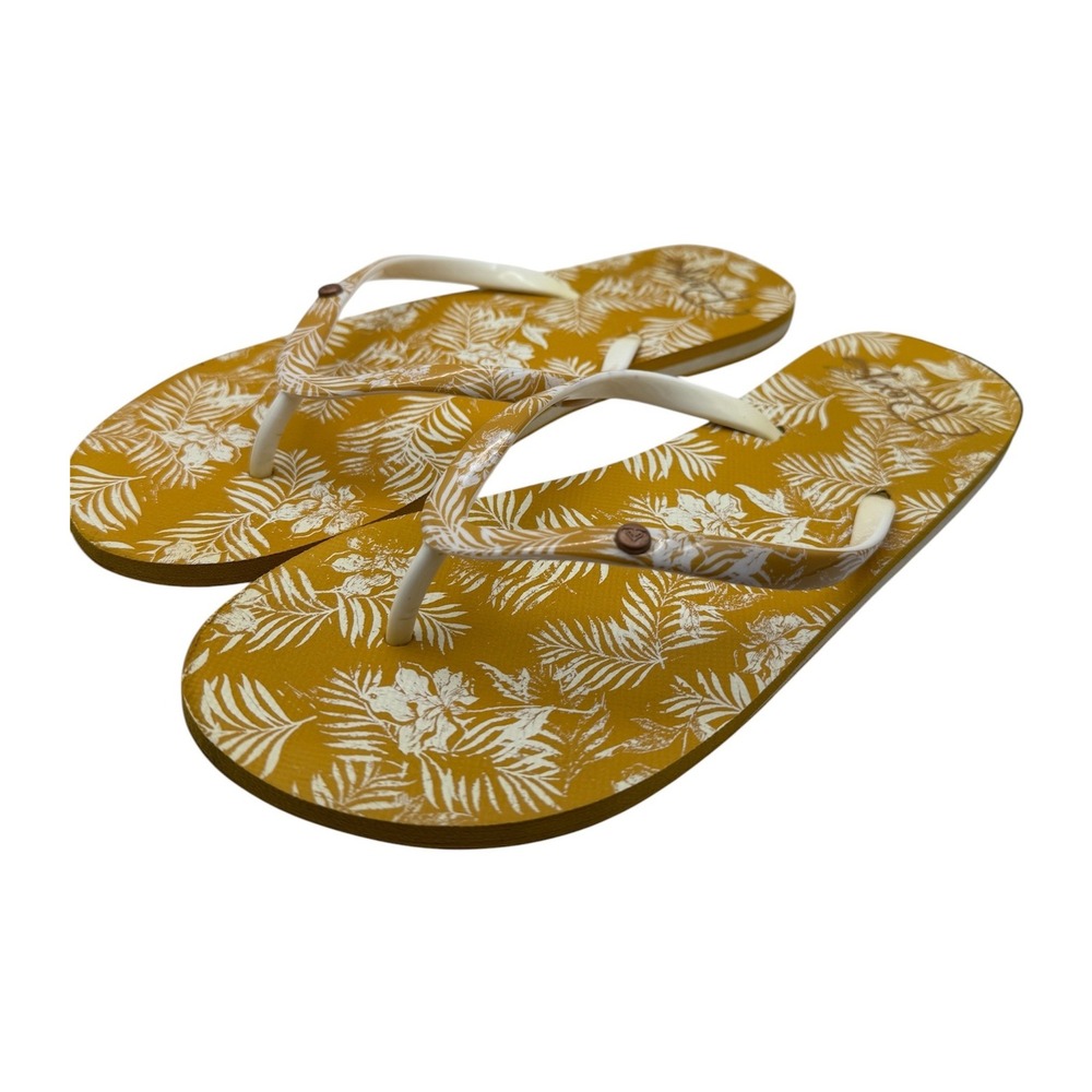 Roxy Womens Palm Leaf Hibiscus Flip Flops Size 7 8 Yellow White Floral Tropical